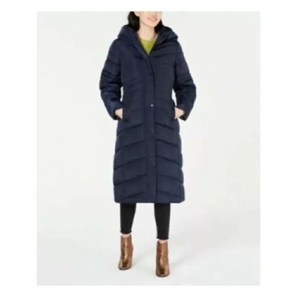 Madden Girl Hooded Indigo Blue Maxi Zippered Puffer Coat Size Juniors XS NWT